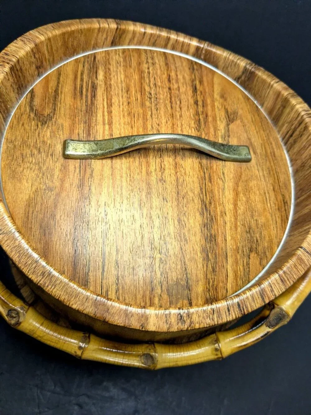 Vtg. Bamboo Handle Faux Wood Ice Bucket by Kraftware MCM Tiki Barware Kitch